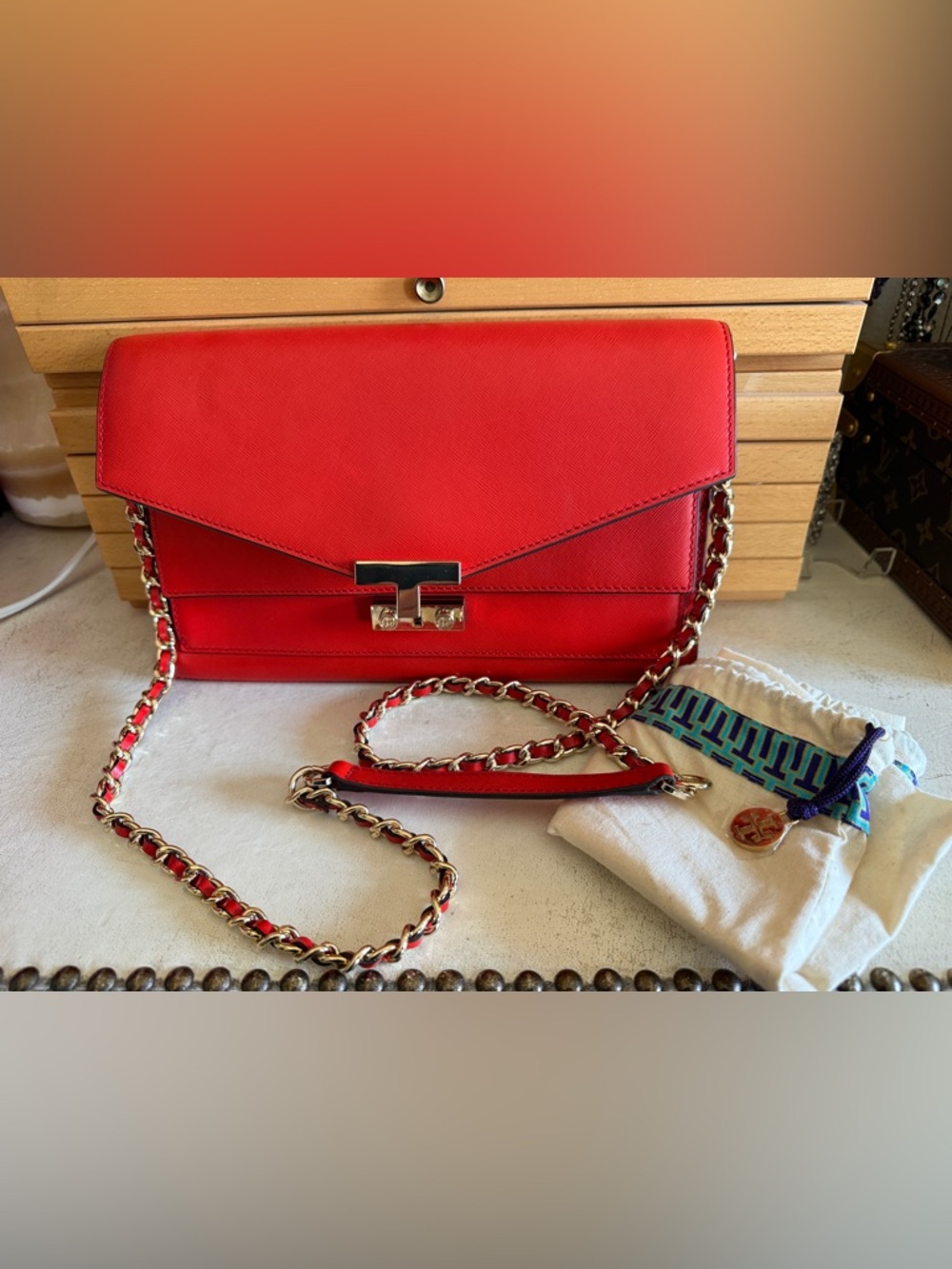 Tory Burch Red Saffiano Leather Chain Crossbody Clutch Shoulder Bag